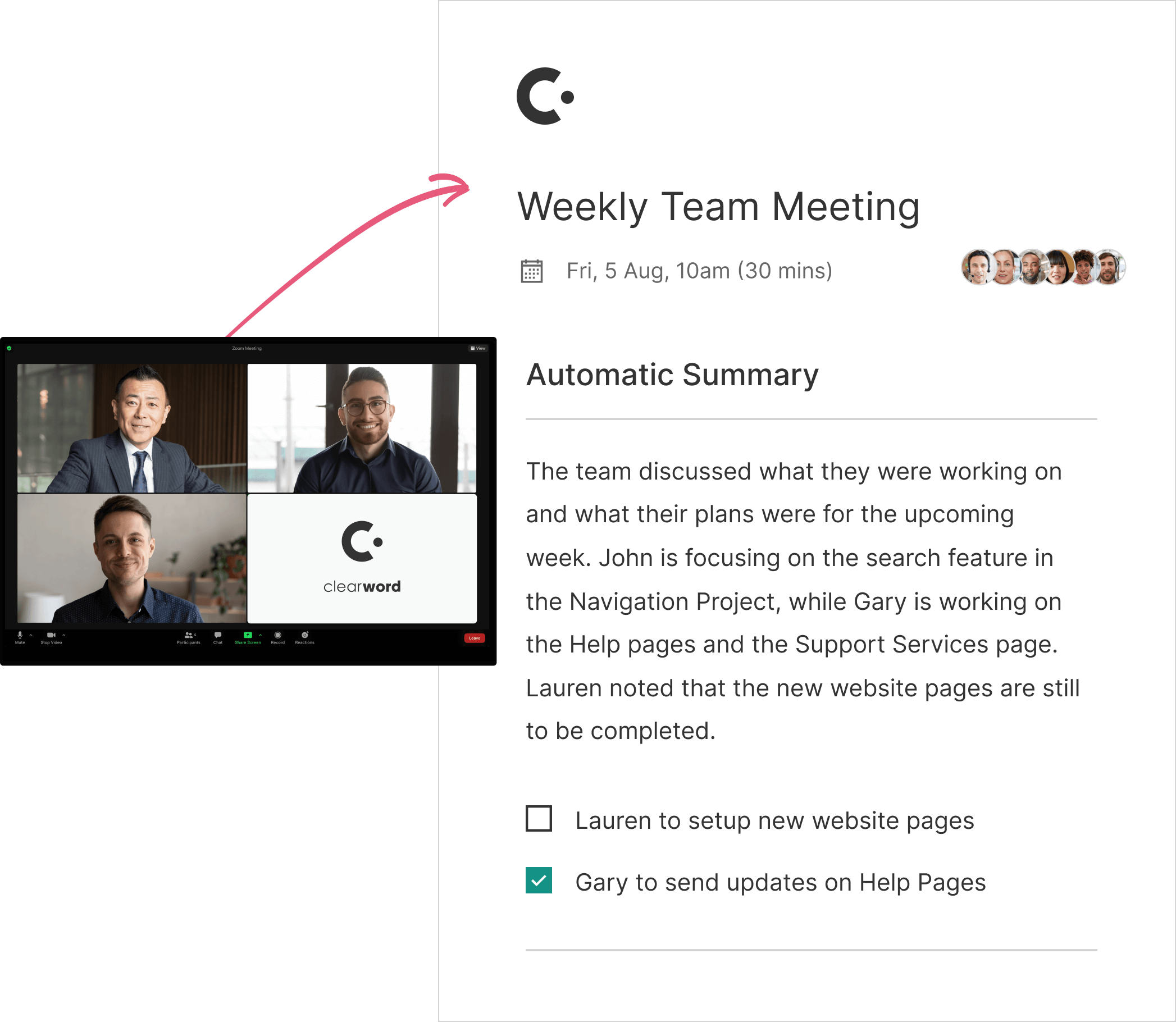 Product image of Clearword automated summary within a single meeting page.