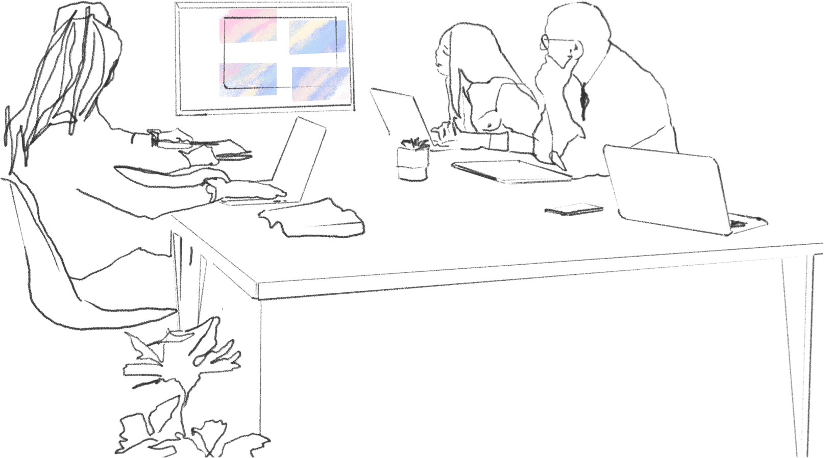 Artwork sketch of team at desk working together and looking at monitor.